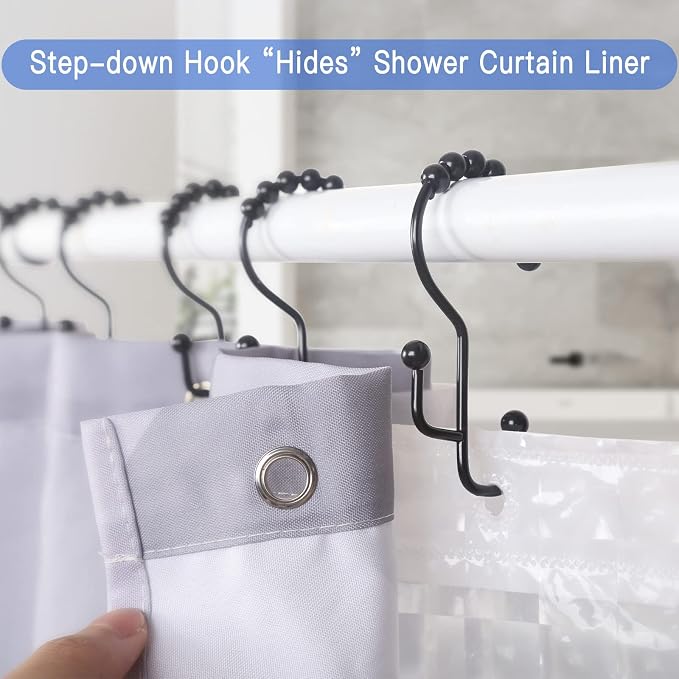 SUTINE Shower Curtain Hooks, 12 Pcs Double Shower Curtain Hooks Rings, Black Shower Curtain Hooks Rust Proof, Stainless Steel Bathroom Shower Hooks for Shower Curtain, Towels, Clothing, Black