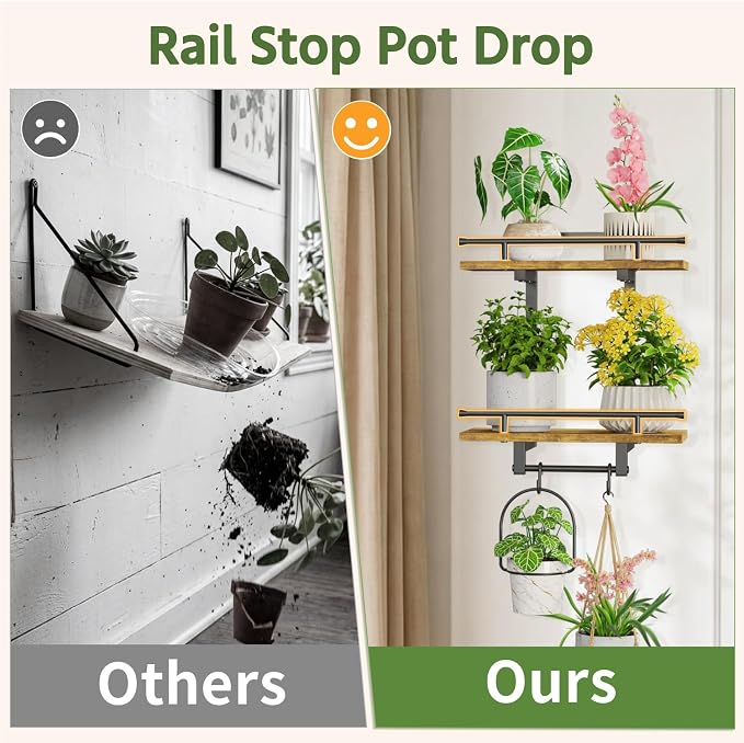 LASZOLA Floating Plant Shelves Holder Wall Mounted Indoor, 2 Pack Brown | 2 Tier Window Hangers Stand with Hooks, Metal and Wood, Flower Hanging Display Rack for Bedroom Living Room Kitchen Decor