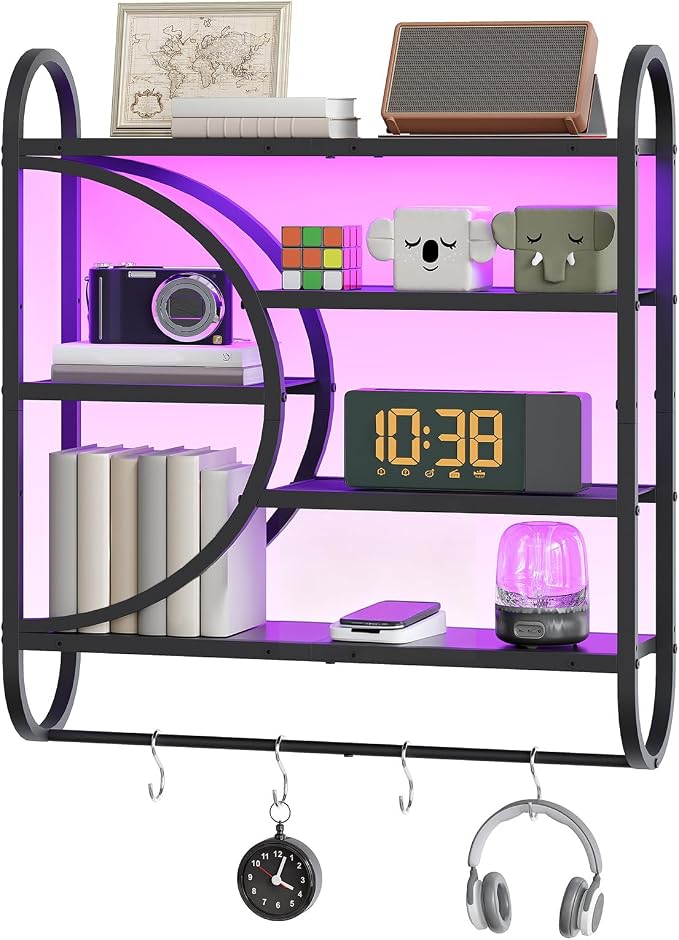 HOOBRO Gaming Floating Shelves with LED Lights, 28.9" LED Wall Mounted Shelf, 5-Tier Display Rack for Wall Storage, Floating Rack with Hanging Rod and 4 S-Hooks, for Game Room, Black BB50DBJ01