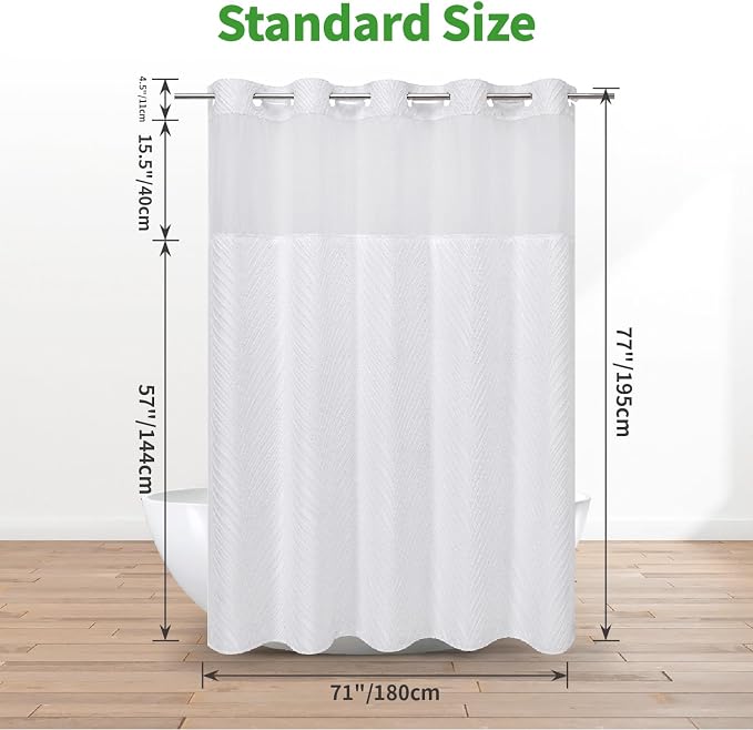 eachope no Hook Shower Curtain and Liner Set，Boho Style with See Through Top Window, White Fabric Tufted Striped Textured Outer Curtain & Waterproof Inner Liner, White, 71Wx77H