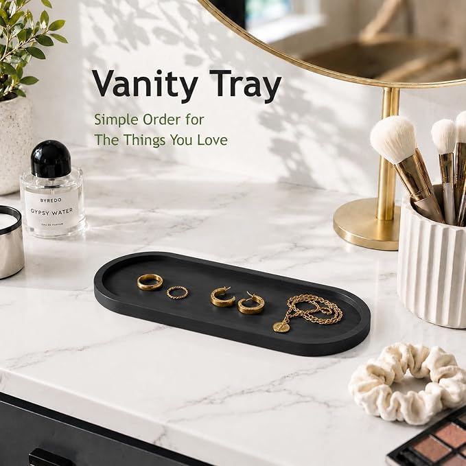 SheeChung Bathroom Counter Tray, Small Bamboo Vanity Tray - 10.3" x 3.6" | 2 PCS Black, Decorative Countertop Organizer for Soap Dispenser, Perfume, Jewelry, Catchall, Makeup, Candle, Coffee Table