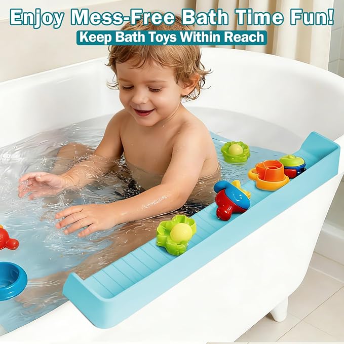 Bathtub Splash Guard for Tub Kids- Silicone Bath Play Shelf | 31" Extra Long Toy Tray & Caddy Holder, Prevent Water Spills & Messy Floors, Tub Edge Guard for Bathroom- Blue