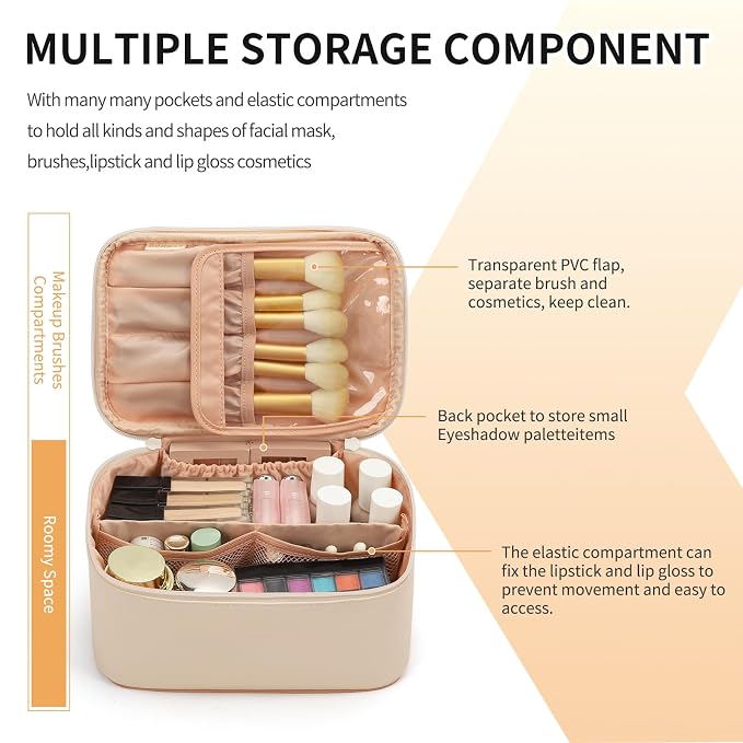 Beige Makeup Bag,Travel Makeup Organizer Bag, Large Capacity Cosmetic Bags For Women Large Travel Toiletry Bag Girls Traveling With Brush Slot And Divider-White