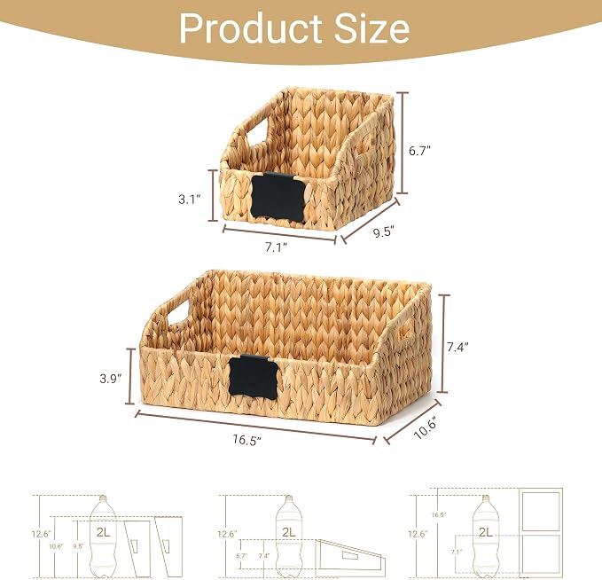 Wicker Baskets for Organizing, Pantry Baskets with Built-in Handles, Handwoven Labeled Wicker Storage Basket, Water Hyacinth Storage Bins for Shelves, 3 Pack, Natural - 2 Set