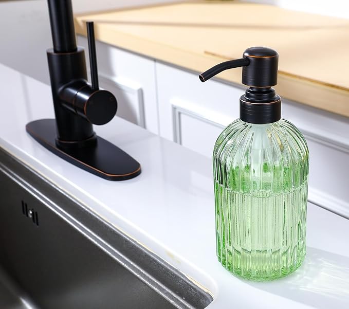 16Oz Green Glass Soap Dispenser with Rust Proof Bronze Stainless Steel Pump, Green Countertop Refillable Liquid Lotion Dispensers with Stainless Steel Pump, Oil Rubbed Bronze Soap Dispenser