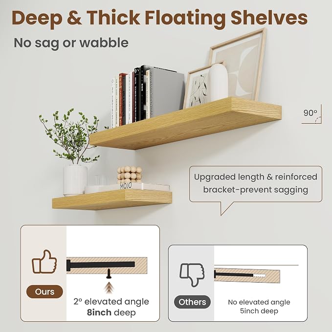 72 Inch Floating Shelves for Wall, 8 Inch Deep, Invisible Brackets, Oak | Rustic Wall Mounted Shelf, Storage & Display, Wooden Shelves for Living Room, Kitchen, Bathroom and Home Decor, Set of 2