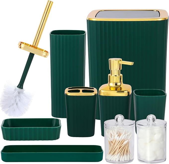 9 PCS DarkGreen Bathroom Accessories Set with Trash Can Bathroom Accessory | All-in-One Kit with Trash Can,Toothbrush Holder,Soap Dispenser,Toothbrush Cup,Vanity Tray,Soap Dish,Toilet Brush etc for Home