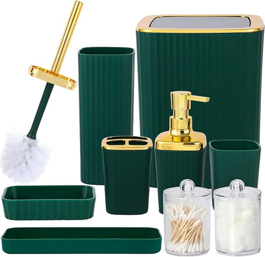 9 PCS DarkGreen Bathroom Accessories Set with Trash Can Bathroom Accessory | All-in-One Kit with Trash Can,Toothbrush Holder,Soap Dispenser,Toothbrush Cup,Vanity Tray,Soap Dish,Toilet Brush etc for Home