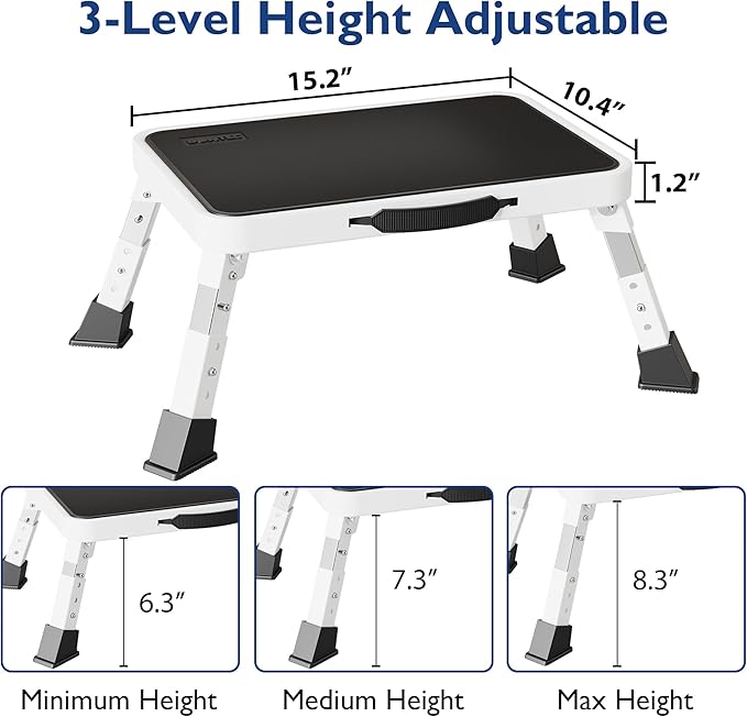 BONTEC Folding Step Stool, 3-Level Adjustable Metal Step Stool, 330lbs | Heavy Duty Folding Foot Stool with Anti-Slip Pedal and Locking Legs, Portable Stepping Stool for Kids, Kitchen, Home, White