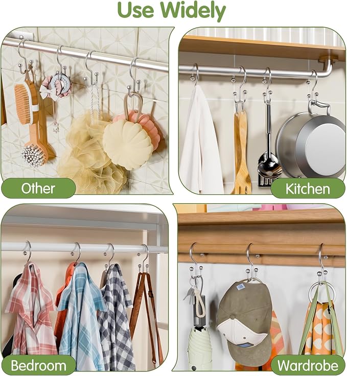 OEH 24 Pcs Shower Curtain Hooks, Metal Shower Curtain Rings, Silver Shower Curtain Hooks Rust Proof, Double Shower Rings for Curtain, Easy Install Anti-Drop Shower Hooks for Shower Curtain, Chrome