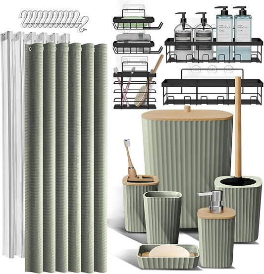 Clara Clark Bathroom Set, Shower Curtain Set and Shower Caddy Hanging | 25 Piece Sage Green Bathroom Accessories Set with Toothbrush Holder, Soap Dispenser, Soap Dish, Toilet Brush, and Trash Can