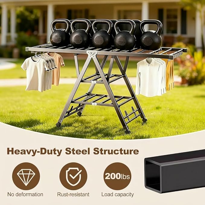 Heavy Duty 3-Tier Clothes Drying Rack with Wheels, Large 5.9ft | Shoe Rack, Foldable Metal Laundry Stand, Portable Collapsible, Clothing Hanger, Indoor Outdoor Use in Laundry Room
