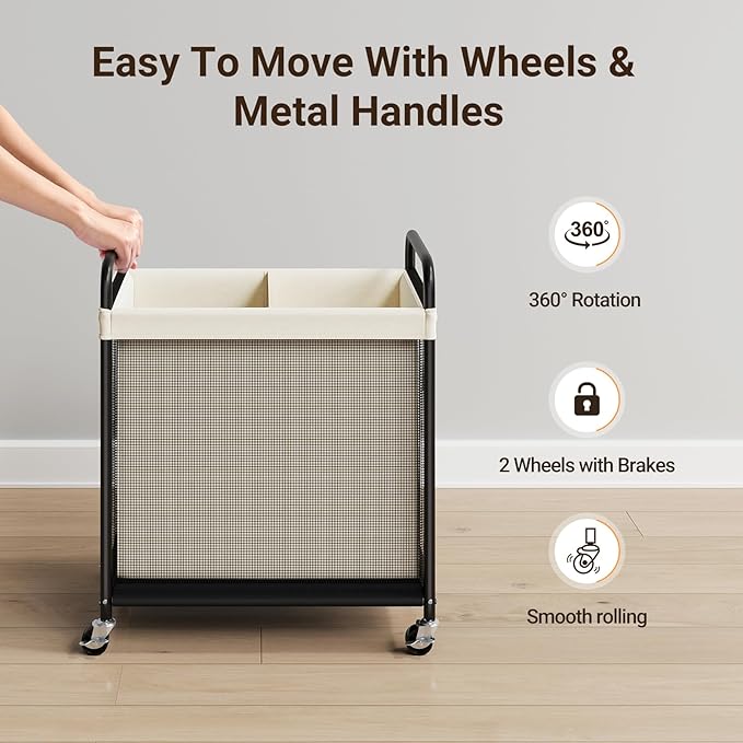 ELYKEN Laundry Hamper 2 Section, 100L Rolling Laundry Sorter with Wheels | Removable Washable Liner Bags, Sturdy Steel Frame and Metal Handle, Double Compartment Clothes Organizer for Laundry Sorting