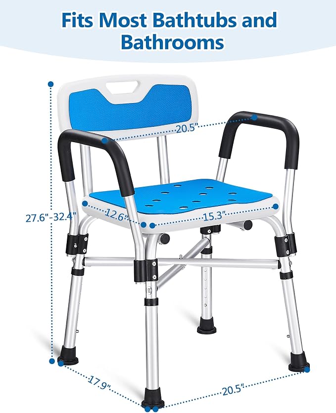 Shower Chair with Back and Arms, 400 lb Capacity | Reinforced Safety Bar, Non-Slip Bath Seat, For Elderly, Adults and Disabled Users