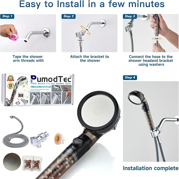 Filtered Shower Head with Handheld - High Pressure Mineral ShowerHead with Filters for Hard Water - Reduces Dry Itchy Skin, Easy Instal, 4 Modes, Water Saving, Durable, Detachable anti blocking