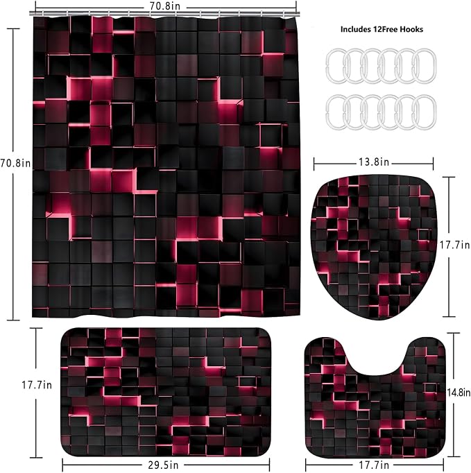 LQCOOL 4Pcs Pink Shower Curtain Set 3D Cubes Bathroom Sets Modern Shower Curtain Set for Bathroom Sets with Rugs Black and Pink Shower Curtain with 12 Hooks
