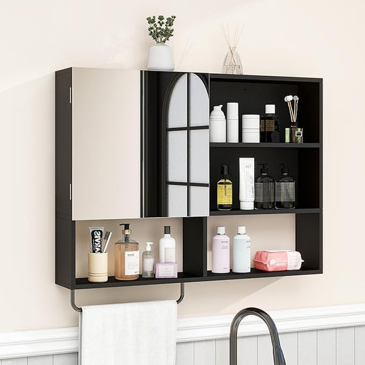 Bathroom Wall Cabinet, Medicine Cabinet, with Mirror & Towel Bar, Black