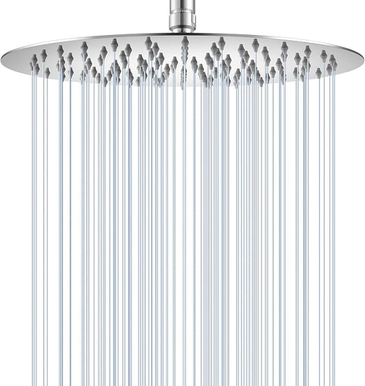 12 inch Ceiling Rainfall Shower Head Chrome - All Metal Stainless Steel Full Body Round Rain Shower with 120 Silicone Nozzles Modern Bathroom