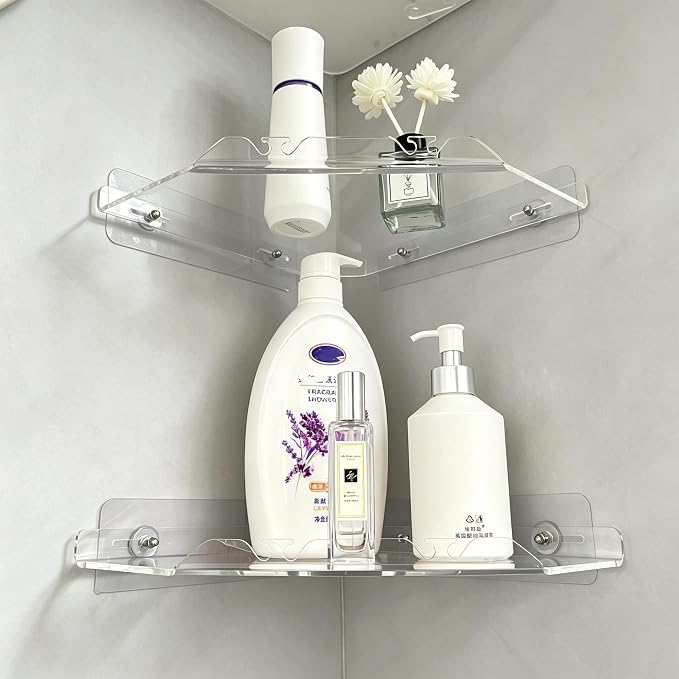 Corner Shower Caddy Shelf Rack 2 Tier Adhesive Shower Organizer Essentials - No Drilling Acrylic Bathroom Storage Rack with Hooks No Drilling Shelves (10"x10" 2 tier clear)