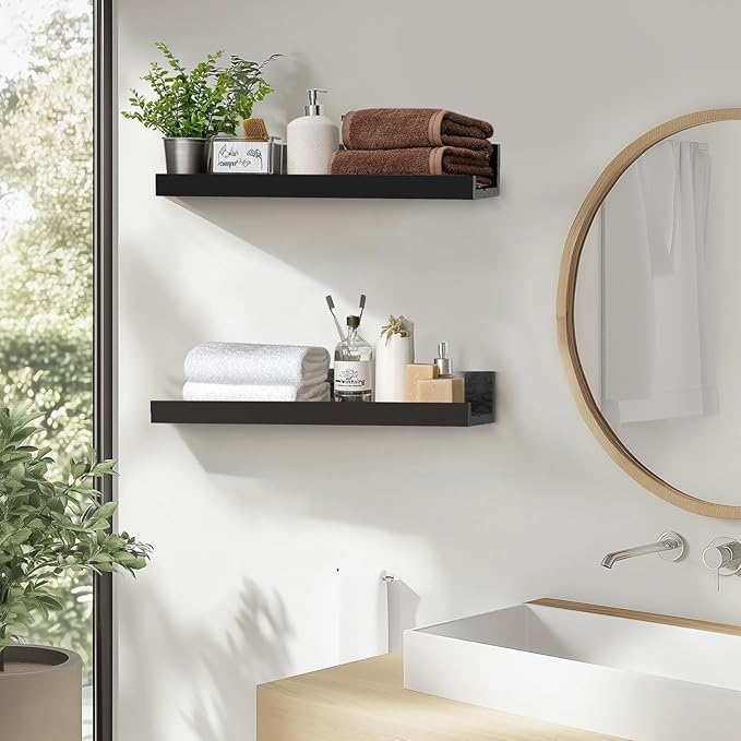 Muzilife 45.3" Large Floating Shelves Wood Wall Shelf with Lip, 2Pcs, Black | FSC-Certified Wood | 20 lbs Capacity | Space-Saving | Hanging Shelf | Wall Decor| Bedroom,Living Room,Bathroom,Kitchen,Office