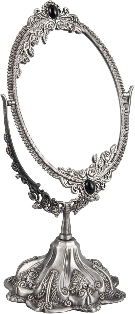 Feyarl Small Vintage Makeup Mirror Floral Tabletop Oval Vanity Mirror with Stand Dressing Room Swivel Double Sided Elegant Decorative Mirror Embossed Frame (Pewter)