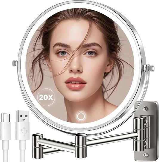 9" Large Wall Mounted Lighted Makeup Mirror, 5000mAh Rechargeable 1X/20X Magnifying Mirror with 3 Color Lights Touch Dimmable, Extended Arm 360° Swivel Bathroom Wall Mounted Makeup Mirror,Pearl Nickel