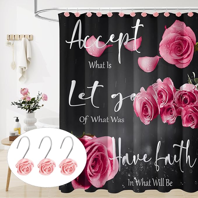Cute Rose Floral Shower Curtain Hooks Rings for Bathroom,Pink 12PCS | Metal Rustproof Curtain Hooks Shower Rings,Girls Decorative Flower Bathroom Decor,for Bathroom Shower Rods