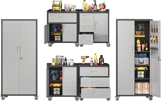 Garage Storage Cabinet System,Wall Cabinet & Locking Rolling Tool Cabinet with Doors and Adjustable Shelves