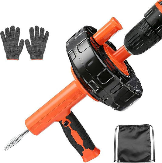 Auto-Feed Drain Snake Auger 25 ft with Drill Adapter | Plumbing Snake Drain Hair Removal Tool, Drain Auger Snake Hair Drain Clog Remover for Shower Kitchen Bathroom Sink with Glove
