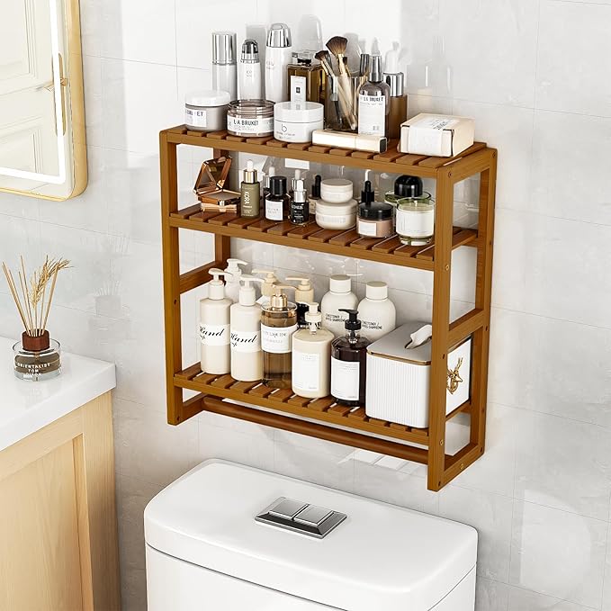 Galood Over The Toilet Storage Bathroom Shelves Wall Mounted 3 Tier Brown | Space Saver Corner Shelf Organizer Bamboo Towel Rack Toilet Paper Cabinet with Hanging Rod