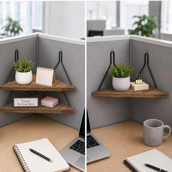 2PCS Fabric Wall Cubicle Corner Shelf with Hooks, Wooden Organizer | 11.81 x 8.46 In Triangular Hanging Shelves For Office Fabric Walls, Work Display Storage, Small Planter, Photo, Decor