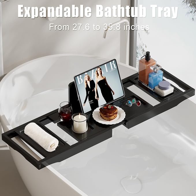 Bathtub Tray Caddy, Bamboo Expandable Bath Tray for Tub | Foldable Bath Table Trays, Bathtub & Bathroom Accessories for New Home & Mothers, Birthday Gifts for Mom, Black