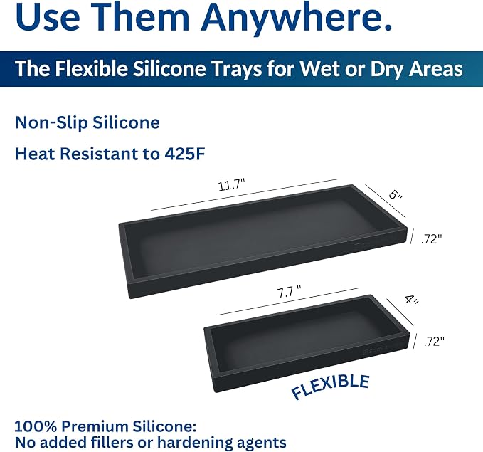 Countertop & Vanity Silicone Tray – 2 PC (11.7" & 7.7") Set | Bathroom Tray & Kitchen Soap Tray Set, Bathroom Counter Tray, Kitchen Sink Dish Soap Tray for Countertop Organization
