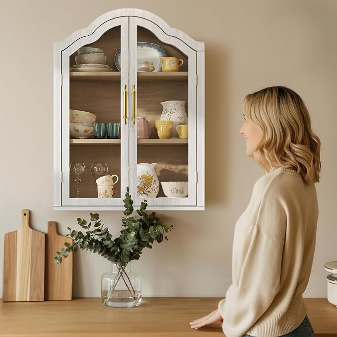 Arched Bathroom Wall Cabinet with Glass Doors, 31.5×23.6" Wall Mounted Display Cabinet with Adjustable Shelves, Hanging Storage Cabinet for Kitchen, Living Room