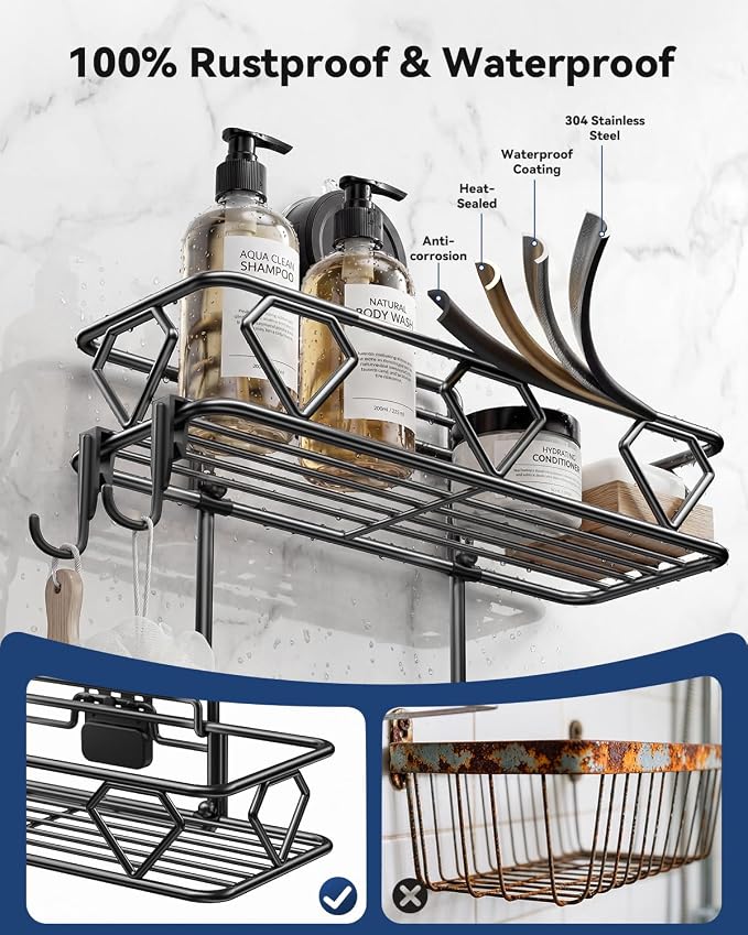 JOTPE Shower Caddy Suction Cup, No-Drill Suction Shower Organizer, Black | No-Drill Shower Caddy with Strong Suction and Double-Layer Storage for Shampoo, Soap and Bath Essentials