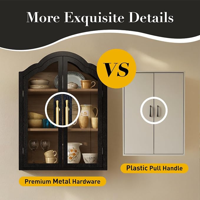 Arched Wall Cabinet Above Toilet Cabinet, 31.5×23.6 Inch Wall Mounted Cabinets with Tempered Glass Doors & Adjustable Shelves, Wood Organizer for Laundry Room, Kitchen, Bathroom (Black)