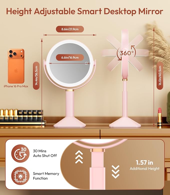 Lighted Makeup Mirror with Lights and Magnification 30X/1X, Height Adjustable 30X Magnifying Vanity Mirror with 4000mAh Battery & 3 Colors Dimming Light for Desktop Bathroom Bedroom (Pink)