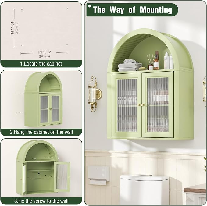 Medicine Cabinet with Arched Top, Bathroom Wall Cabinet Over Toilet with Wave Pattern Tempered Glass Doors and Removable Shelf, Arch Hanging Cabinets for Kitchen, Living Room, Laundry Room, Green