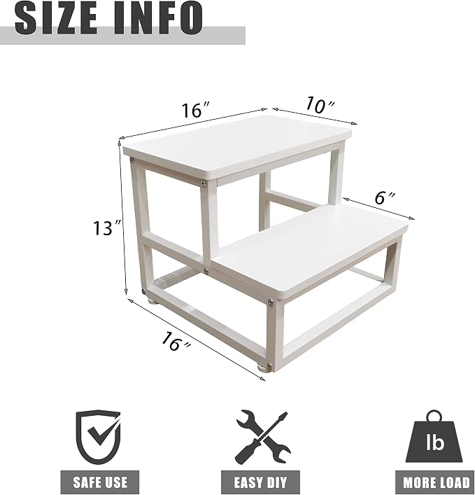 SZLHANJZ Step Stool, Wood & Metal Step Stools for Adults Kids, 500 LB Load | 2 Steps for Adults Kids, Steps for High Beds with Round Corners, Small Stepping Stool for Bedroom Kitchen, White