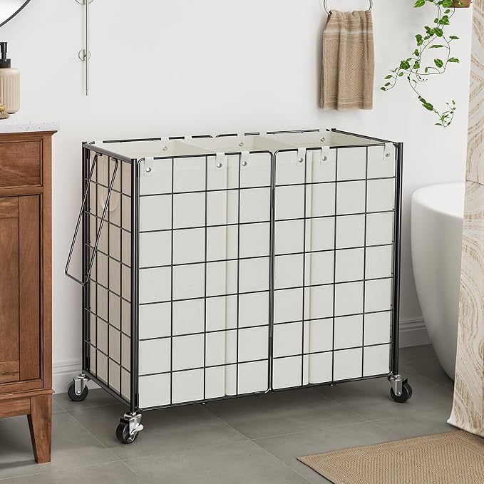 WOWLIVE Laundry Basket 3 Section with Wheels, Metal Rolling Laundry Hamper | Wire Frame Dirty Laundry Organizer with Removable Bags, 150L Clothes Hamper for Dorm Room Storage, College, Black and White