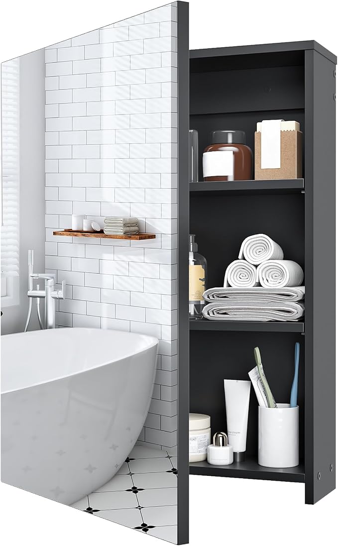 Bathroom Medicine Mirror Cabinet, 17.7'' x 23.6'', Wall-Mounted Bathroom Vanity with Mirror, Bathroom Medicine Cabinet with Storage Function, Hanging Storage Cabinet, Adjustable Shelves, Black