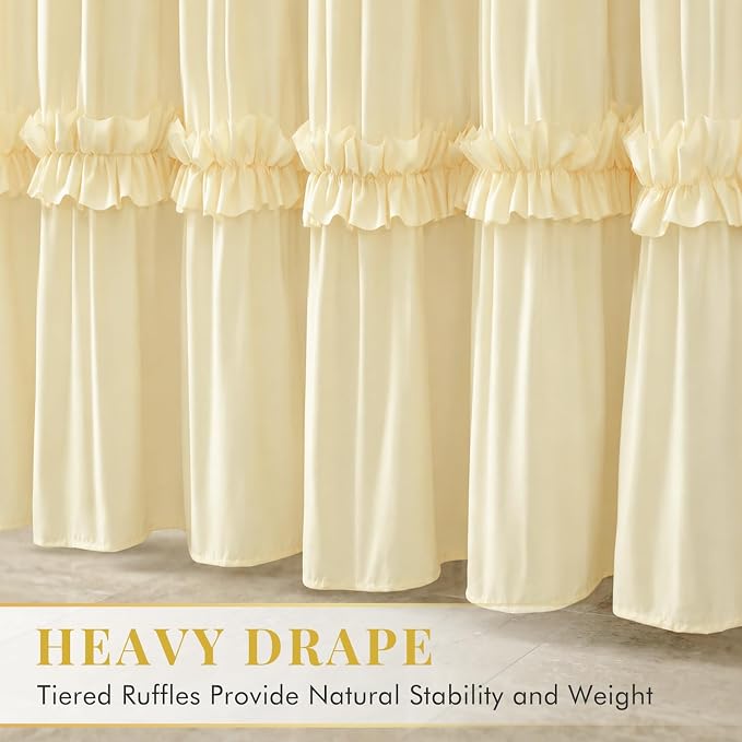 LIPA Extra Long Boho Shower Curtain Rustic Ruffle Shower Curtain with Ruched & Bow Vintage Farmhouse Shower Curtains for Bathroom Bohemian Bathroom Decor(Barely Butter,72x84 Inches)