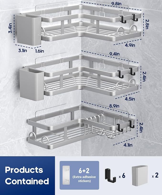 3 Pack Corner Shower Shelves, Rustproof Shower Organizer Caddy | No Drilling Shower Organizer Corner Exclusively for 90 Degree Right-Angle Walls with Hooks and Toothpaste Holder, Silver
