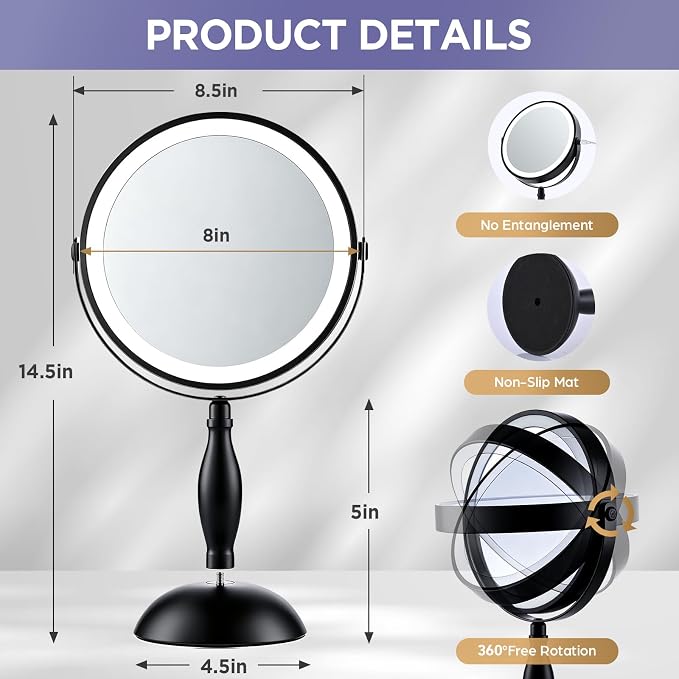 30X Magnifying Mirror with Lights-Matte Black 8" Dual Sided | (1X/30X) Lighted Makeup Mirror, 360° Swivel, 5000mAh Rechargeable Side Touch & Side Charging, 3 Colors & Dimmable Brightness