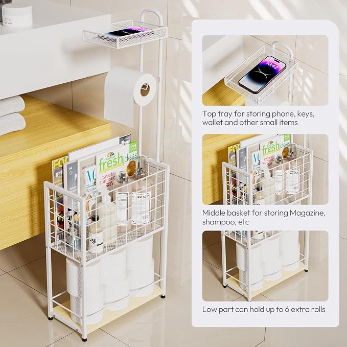 SWTYMIKI Freestanding Toilet Paper Holder - 4-Tier Free Standing Toilet Paper Holder Stand with Shelf, Bathroom Storage Rack for Extra Rolls, Magazines, Wet Wipes, Bathroom Essentials, White