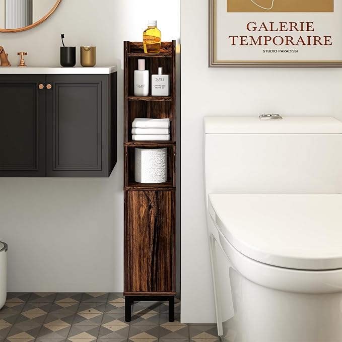 Slim Bathroom Storage Cabinet Narrow Corner Cabinet for Toilet Paper | FerniTry Small Freestanding Cabinet Bathroom Organizer with Adjustable Shelf for Small Spaces Walnut 5 Tiers