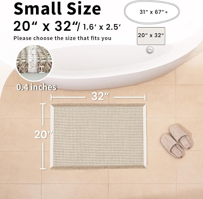 Waffle Bath Mat, Boho Bathroom Rugs Non Slip Washable, 20" x 32" | Super Absorbent Quick Dry Bath Mat, Small Boho Bathroom Mats, Soft Waffle Weave Farmhouse Bathroom Decor, Khaki and White