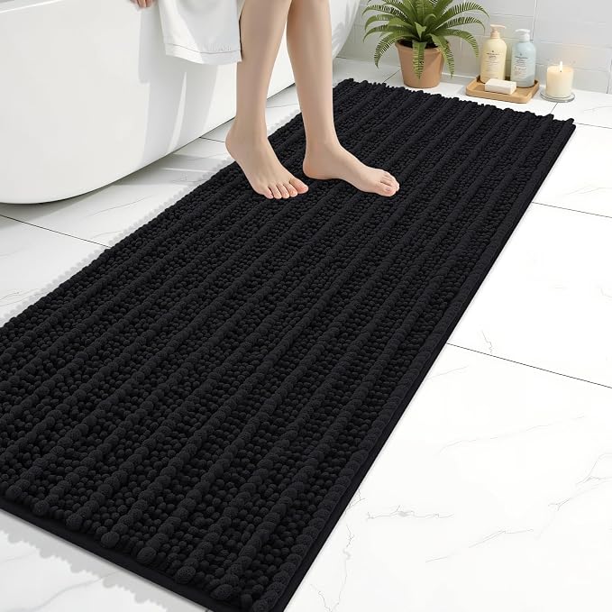 Arotive Bathroom Rugs Mat 60x20, Soft Absorbent Chenille Shaggy Bath Mat | Black, Machine Wash Dry, Bath Rugs for Bathroom Floor, Tub and Shower, Home Decor Accessories