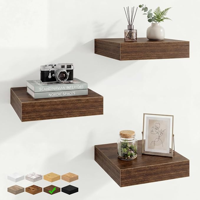 Marsmiles 8in Depth Floating Shelves, 8x8x1.4, Walnut, Set of 3 | Small Wall Mounted Square Shelves, Engineered Wood, Invisible Brackets, Living Room, Bedroom, Bathroom, Kitchen Decor