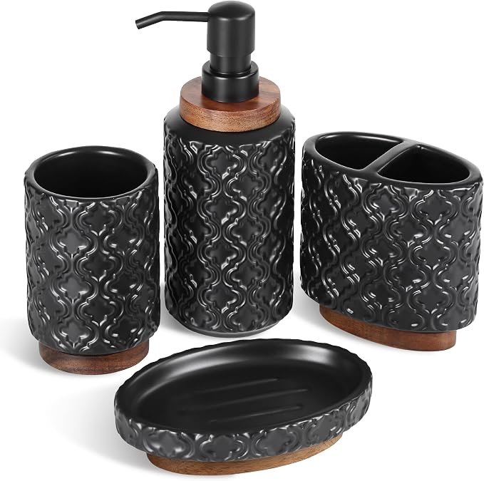 RQYIXI Ceramic 4-Piece Bathroom Accessories Set,Matte Black | Countertop Essentials Embossed Textured Design Solid Wood Non-Slip Detail Matte Black Finish